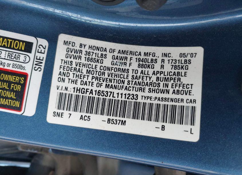 Photo 9 of 2007 Honda Civic LX (VIN 1HGFA16537L111233)