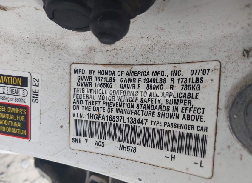 Photo 9 of 2007 Honda Civic LX (VIN 1HGFA16537L138447)