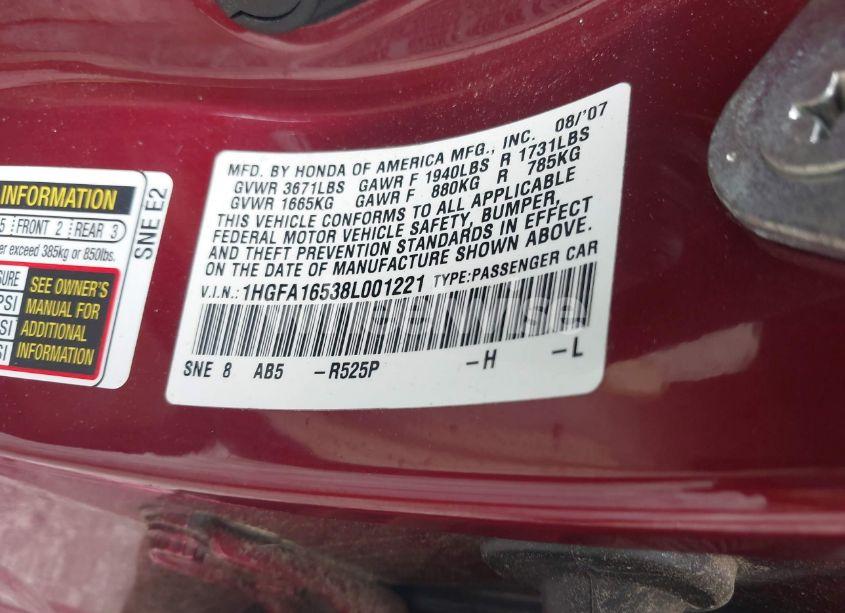 Photo 9 of 2008 Honda Civic LX (VIN 1HGFA16538L001221)