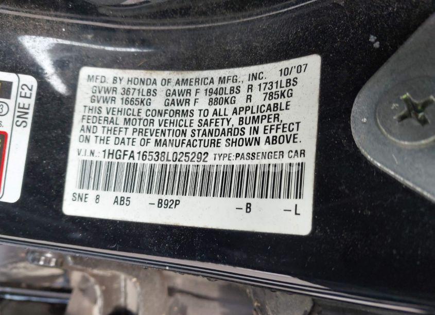 Photo 9 of 2008 Honda Civic LX (VIN 1HGFA16538L025292)