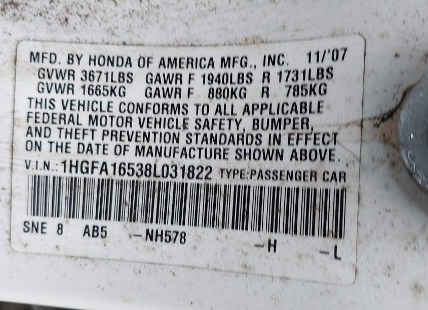 Photo 9 of 2008 Honda Civic LX (VIN 1HGFA16538L031822)
