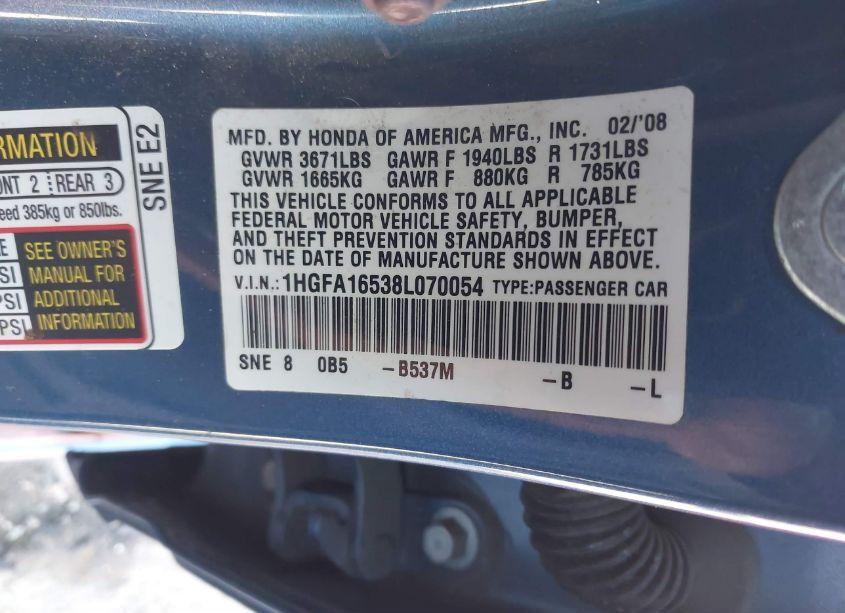 Photo 9 of 2008 Honda Civic LX (VIN 1HGFA16538L070054)