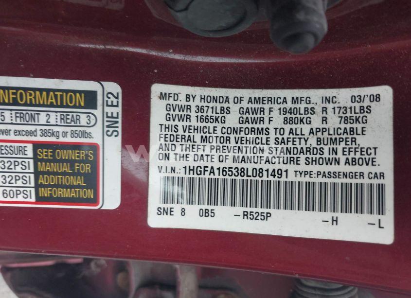 Photo 9 of 2008 Honda Civic LX (VIN 1HGFA16538L081491)