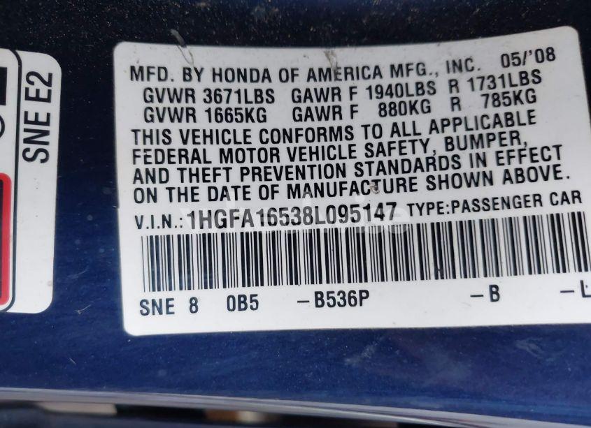Photo 9 of 2008 Honda Civic LX (VIN 1HGFA16538L095147)