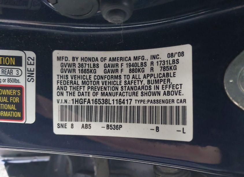 Photo 9 of 2008 Honda Civic LX (VIN 1HGFA16538L116417)