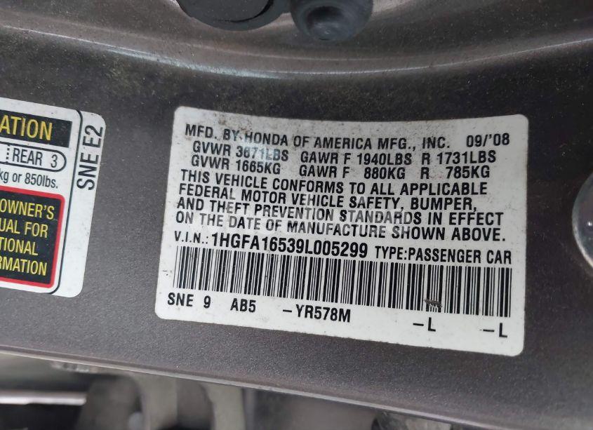 Photo 9 of 2009 Honda Civic LX (VIN 1HGFA16539L005299)