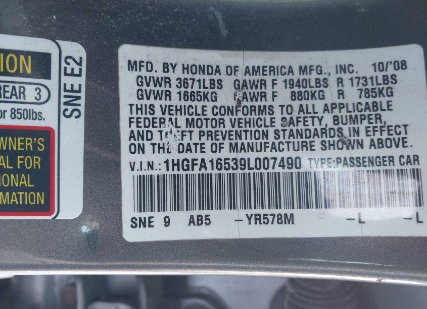 Photo 9 of 2009 Honda Civic LX (VIN 1HGFA16539L007490)