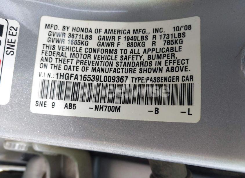 Photo 9 of 2009 Honda Civic LX (VIN 1HGFA16539L009367)