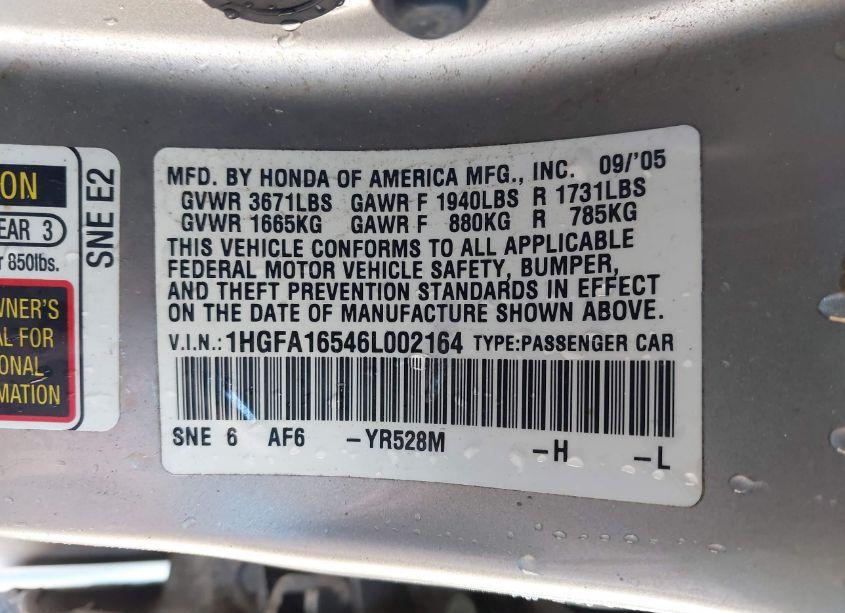 Photo 9 of 2006 Honda Civic LX (VIN 1HGFA16546L002164)