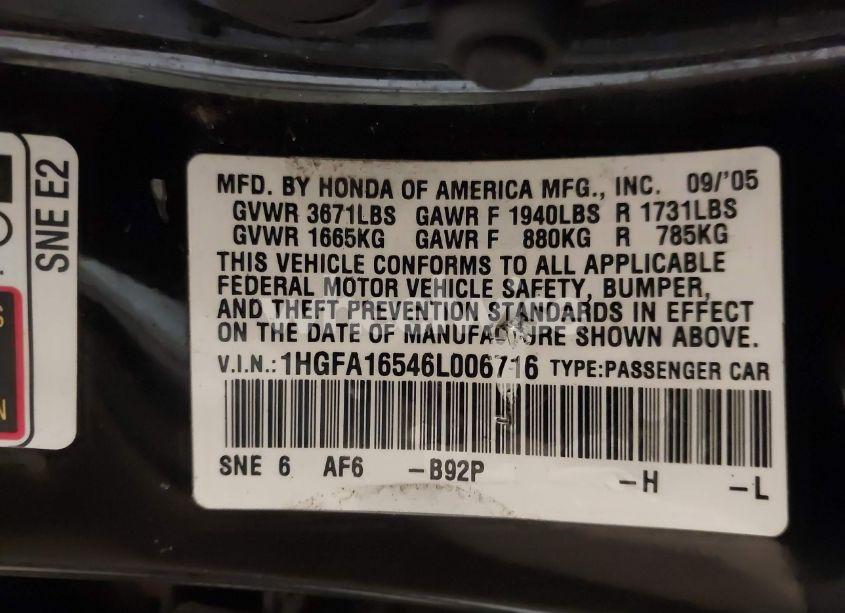 Photo 9 of 2006 Honda Civic LX (VIN 1HGFA16546L006716)