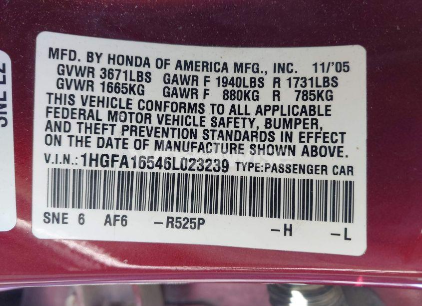 Photo 9 of 2006 Honda Civic LX (VIN 1HGFA16546L023239)