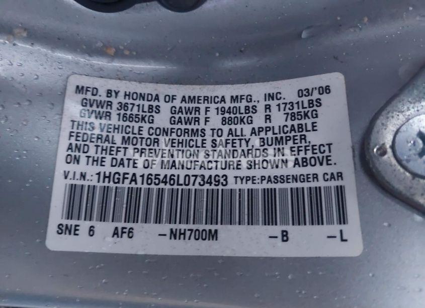 Photo 9 of 2006 Honda Civic LX (VIN 1HGFA16546L073493)