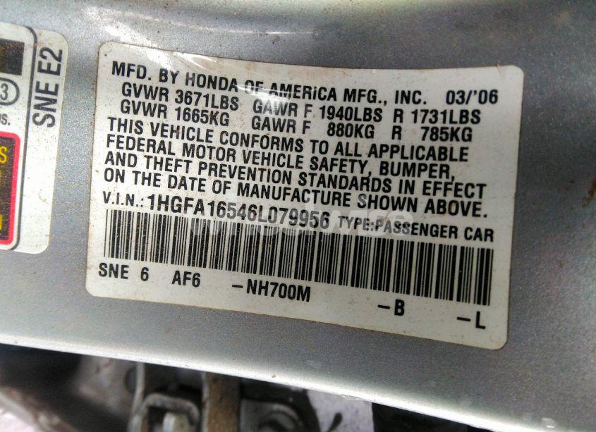 Photo 9 of 2006 Honda Civic LX (VIN 1HGFA16546L079956)