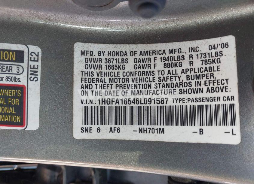 Photo 9 of 2006 Honda Civic LX (VIN 1HGFA16546L091587)