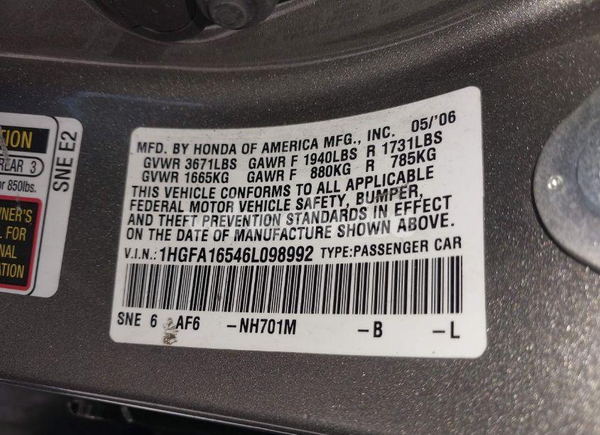 Photo 9 of 2006 Honda Civic LX (VIN 1HGFA16546L098992)