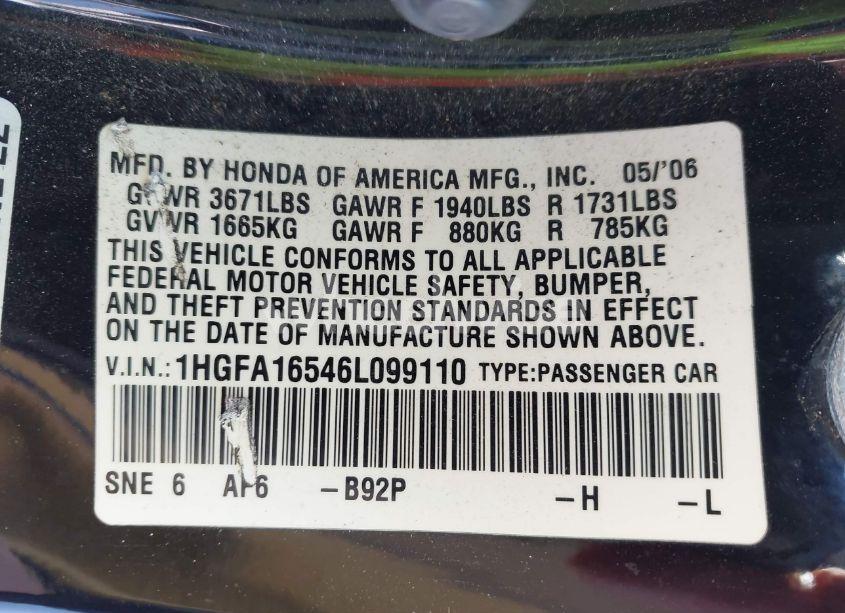 Photo 9 of 2006 Honda Civic LX (VIN 1HGFA16546L099110)