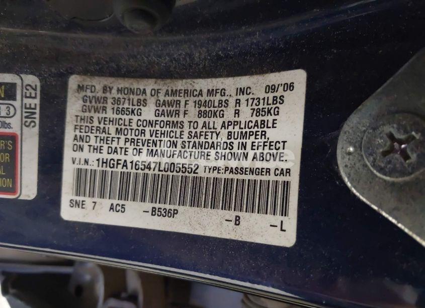 Photo 9 of 2007 Honda Civic LX (VIN 1HGFA16547L005552)
