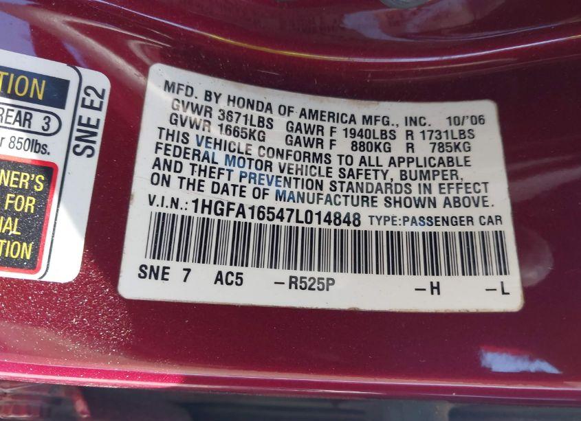 Photo 9 of 2007 Honda Civic LX (VIN 1HGFA16547L014848)