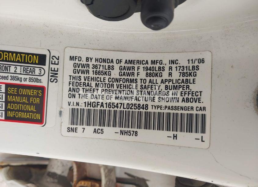 Photo 9 of 2007 Honda Civic LX (VIN 1HGFA16547L025848)