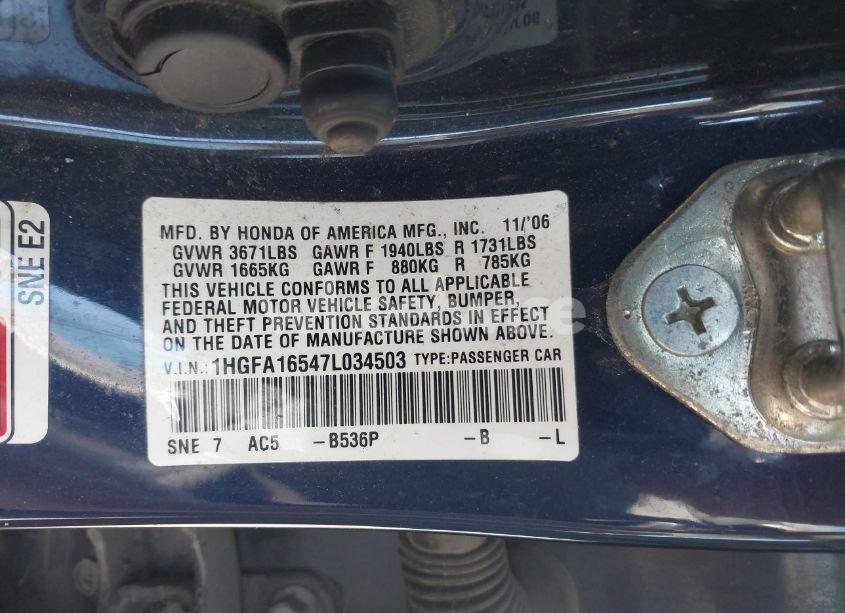 Photo 9 of 2007 Honda Civic LX (VIN 1HGFA16547L034503)