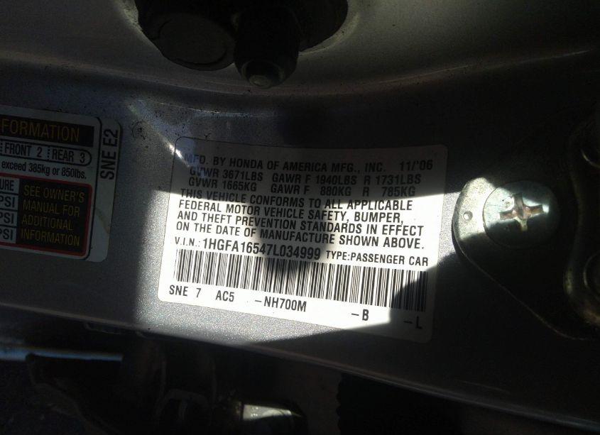 Photo 9 of 2007 Honda Civic LX (VIN 1HGFA16547L034999)