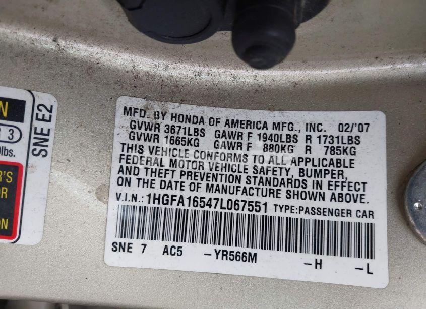 Photo 9 of 2007 Honda Civic LX (VIN 1HGFA16547L067551)