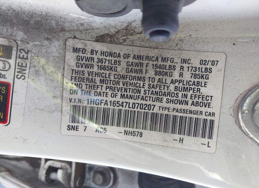 Photo 9 of 2007 Honda Civic LX (VIN 1HGFA16547L070207)