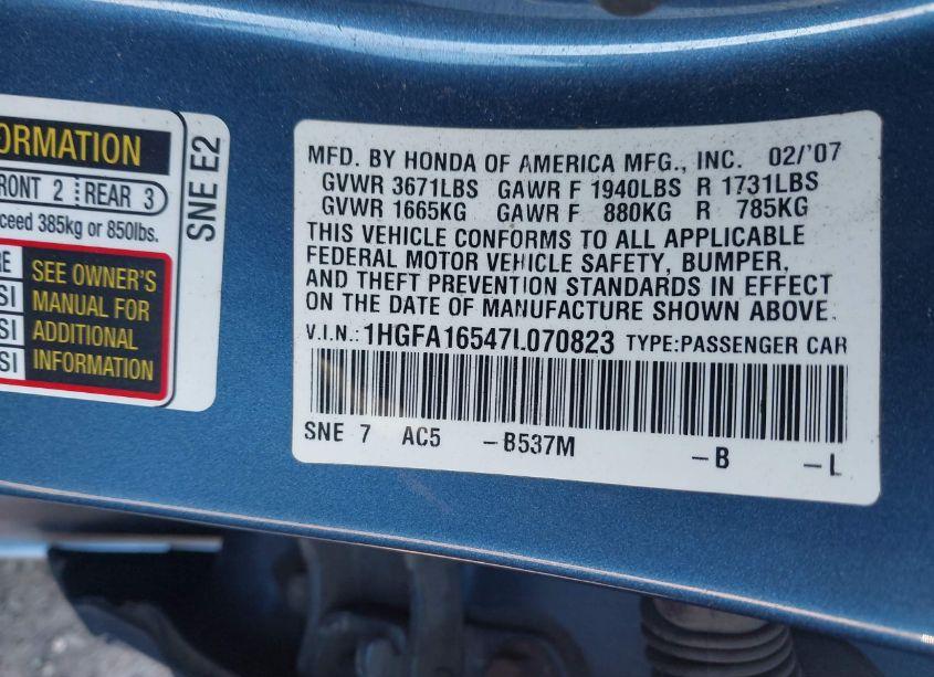 Photo 9 of 2007 Honda Civic LX (VIN 1HGFA16547L070823)
