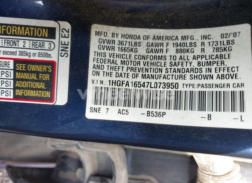 Photo 9 of 2007 Honda Civic LX (VIN 1HGFA16547L073950)