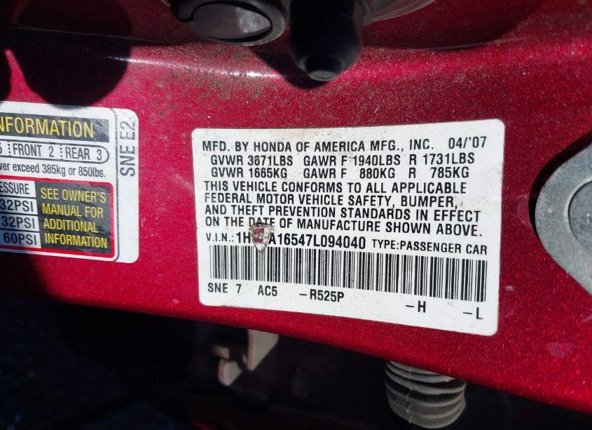 Photo 9 of 2007 Honda Civic LX (VIN 1HGFA16547L094040)