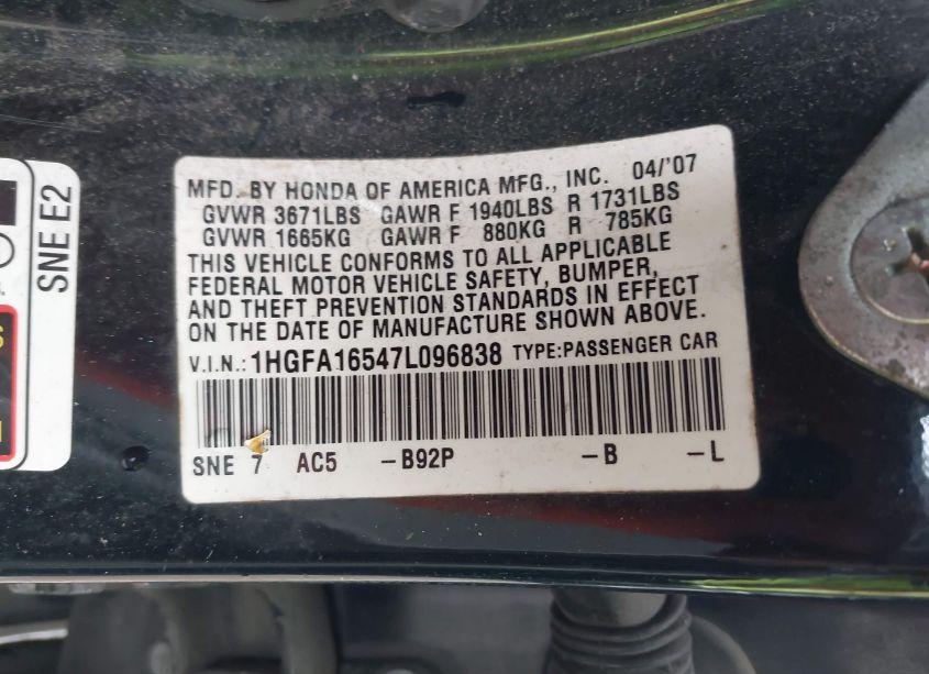 Photo 9 of 2007 Honda Civic LX (VIN 1HGFA16547L096838)