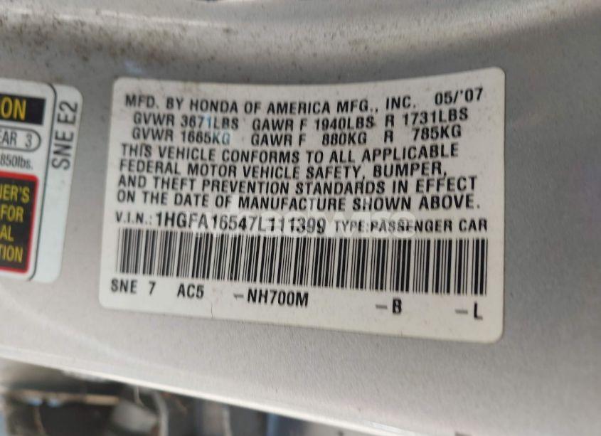 Photo 9 of 2007 Honda Civic LX (VIN 1HGFA16547L111399)