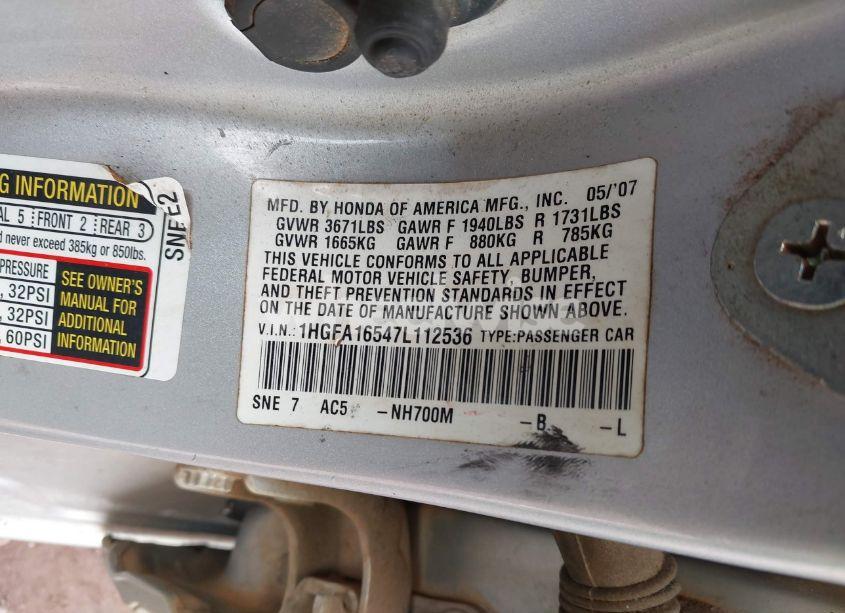 Photo 9 of 2007 Honda Civic LX (VIN 1HGFA16547L112536)