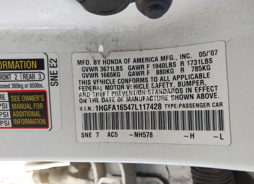 Photo 9 of 2007 Honda Civic LX (VIN 1HGFA16547L117428)