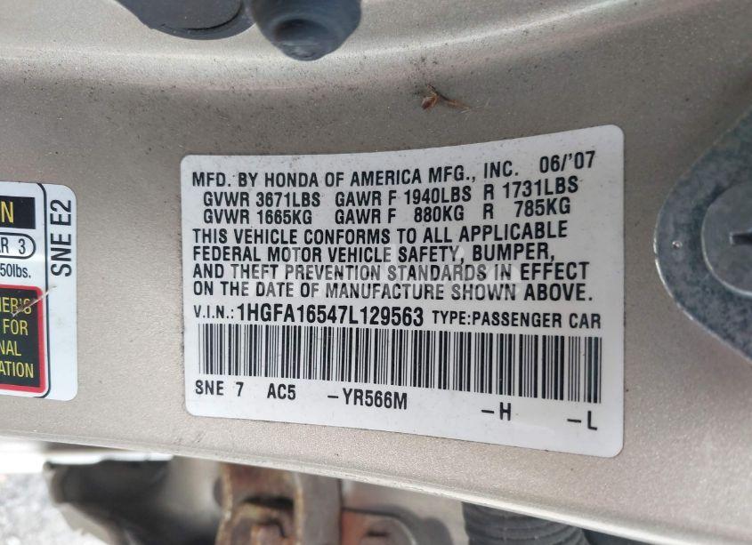 Photo 9 of 2007 Honda Civic LX (VIN 1HGFA16547L129563)