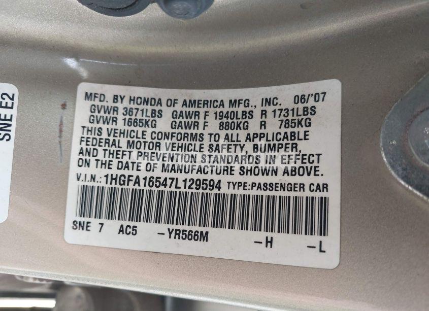 Photo 9 of 2007 Honda Civic LX (VIN 1HGFA16547L129594)