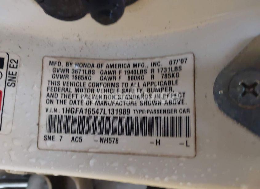 Photo 9 of 2007 Honda Civic LX (VIN 1HGFA16547L131989)