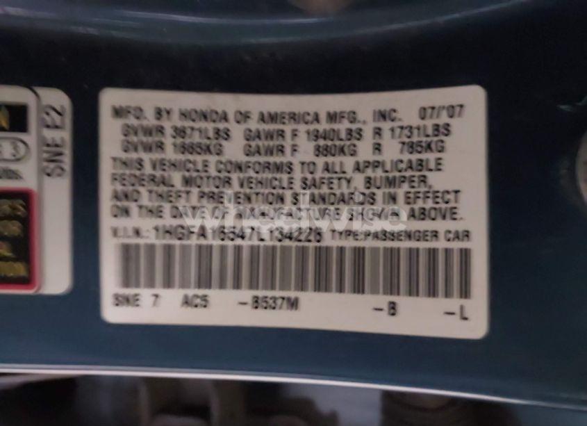 Photo 9 of 2007 Honda Civic LX (VIN 1HGFA16547L134228)