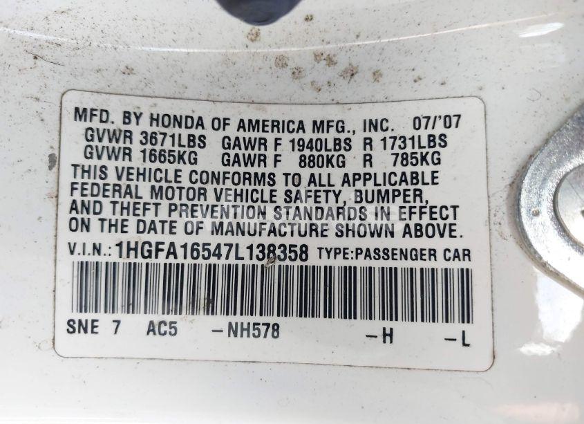 Photo 9 of 2007 Honda Civic LX (VIN 1HGFA16547L138358)