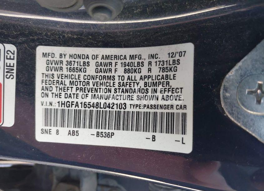Photo 9 of 2008 Honda Civic LX (VIN 1HGFA16548L042103)