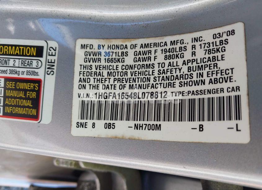 Photo 9 of 2008 Honda Civic LX (VIN 1HGFA16548L078812)