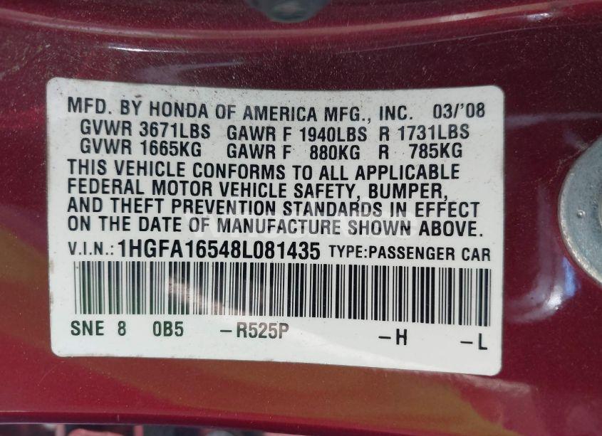 Photo 9 of 2008 Honda Civic LX (VIN 1HGFA16548L081435)