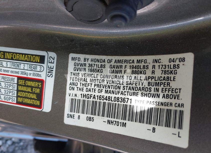Photo 9 of 2008 Honda Civic LX (VIN 1HGFA16548L083671)