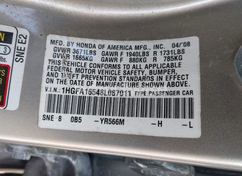 Photo 9 of 2008 Honda Civic LX (VIN 1HGFA16548L087011)