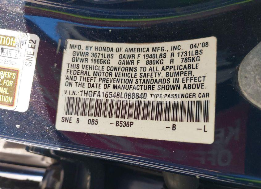 Photo 9 of 2008 Honda Civic LX (VIN 1HGFA16548L088840)