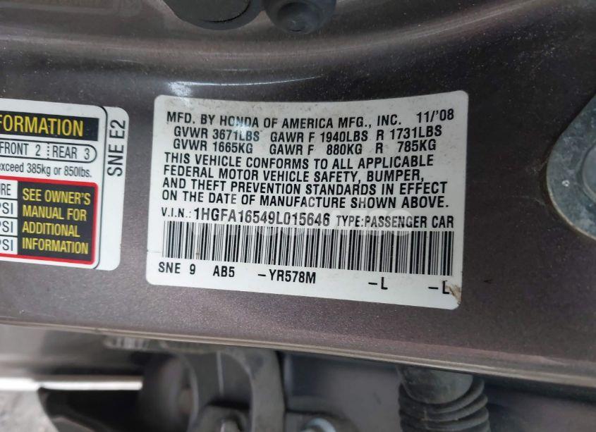Photo 9 of 2009 Honda Civic LX (VIN 1HGFA16549L015646)