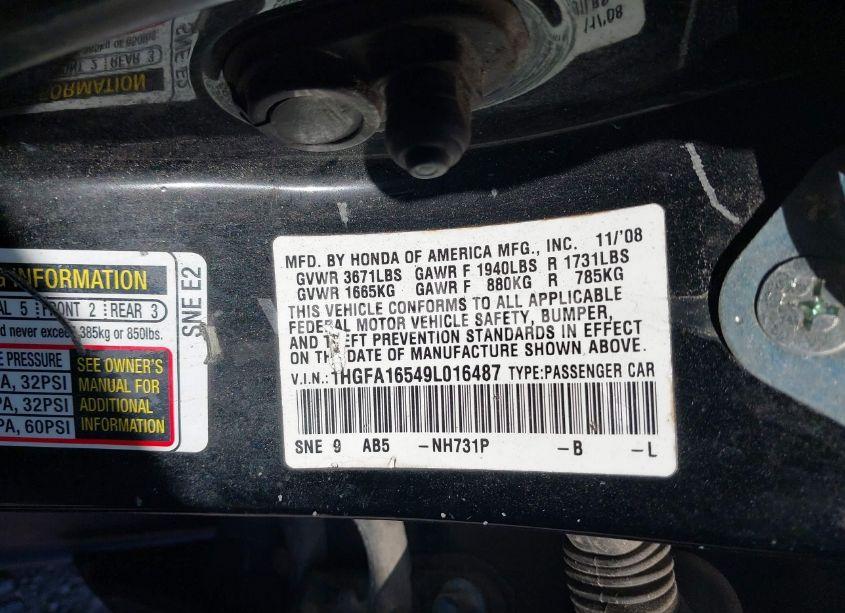 Photo 9 of 2009 Honda Civic LX (VIN 1HGFA16549L016487)