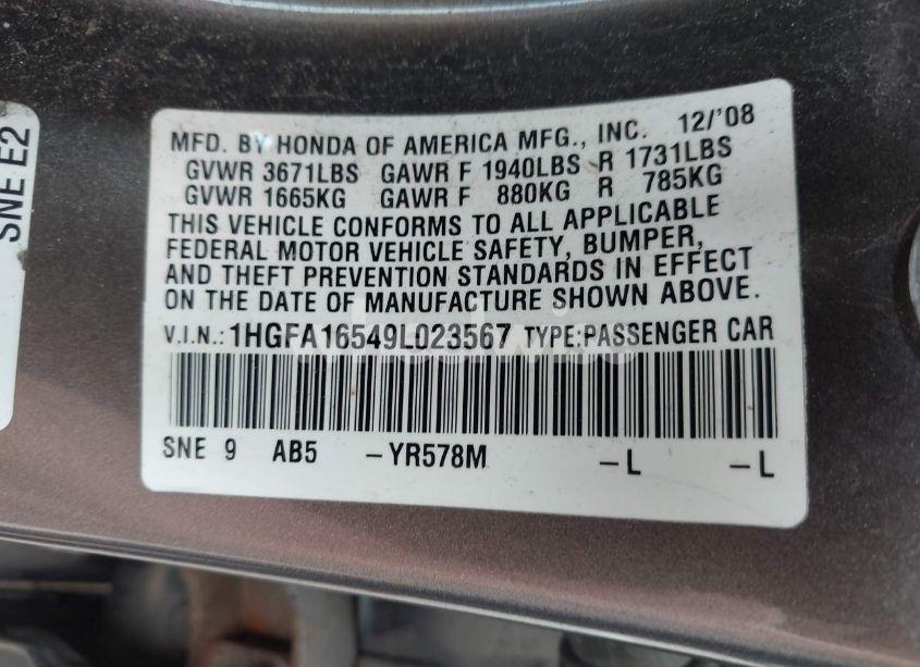 Photo 9 of 2009 Honda Civic LX (VIN 1HGFA16549L023567)