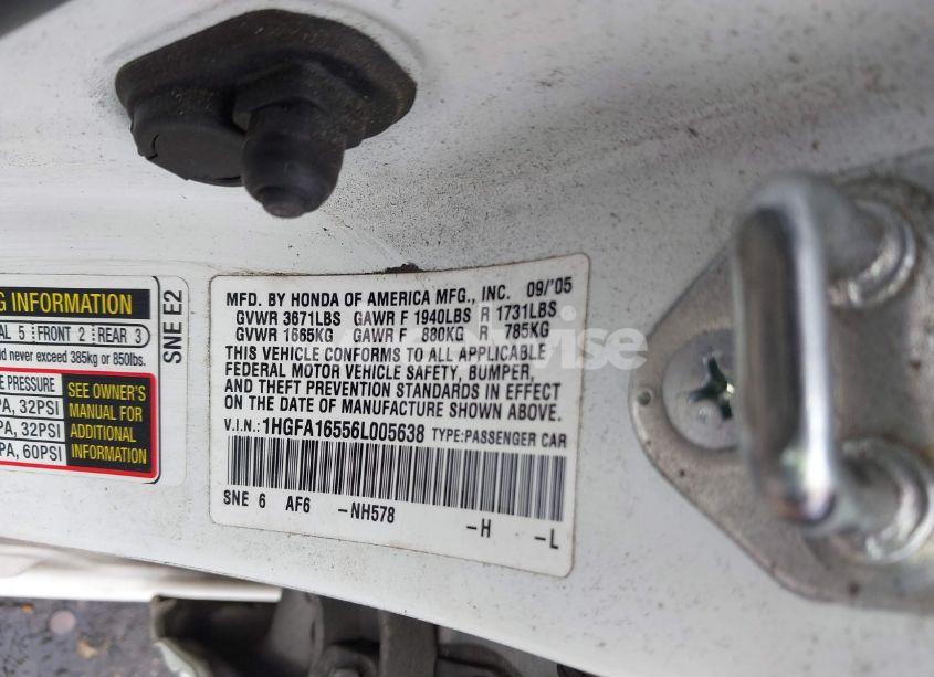 Photo 9 of 2006 Honda Civic LX (VIN 1HGFA16556L005638)