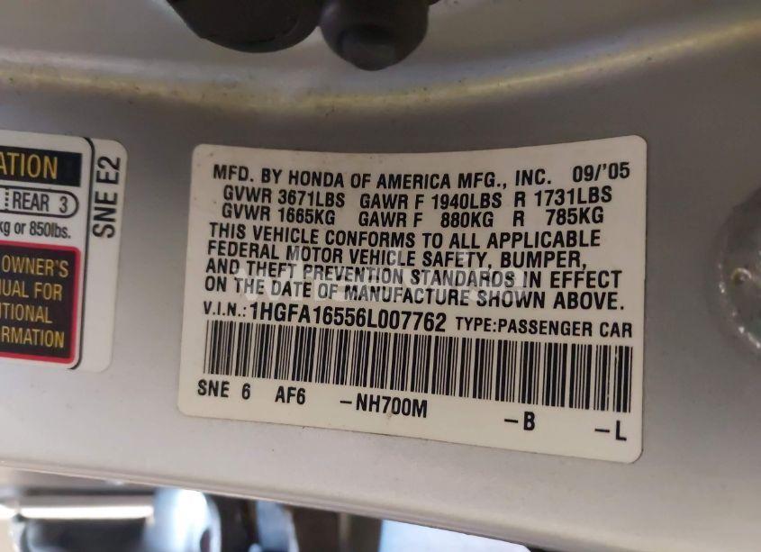 Photo 9 of 2006 Honda Civic LX (VIN 1HGFA16556L007762)